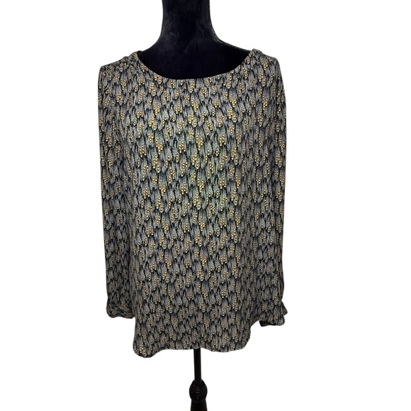 LOFT | Black, Gold & White Patterned Long Sleeve Blouse with Back Tie | Sz L - Picture 1 of 5